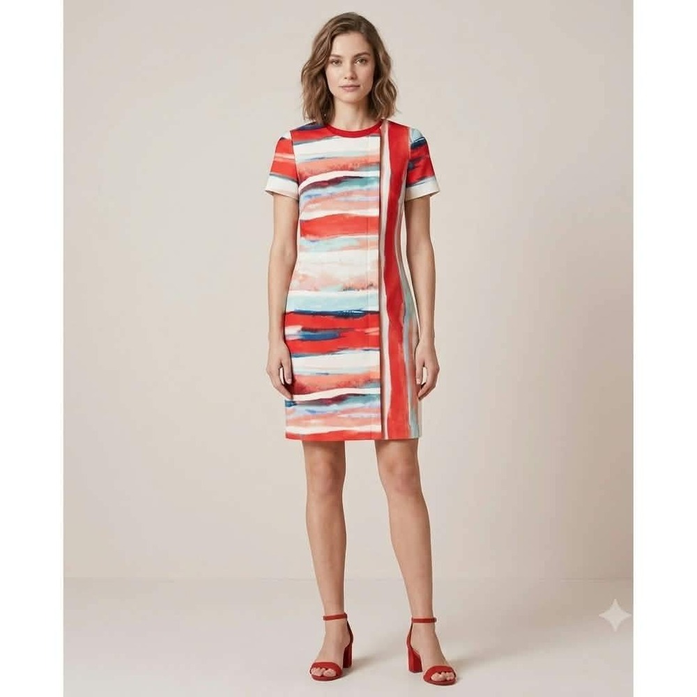 Vince Camuto Multi Color Watercolor Stripe Sheath Dress Red Blue Size 2